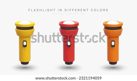 Realistic red, yellow, orange flashlights in vertical position. Set of tourist lighting devices with buttons. Color vector illustration in modern style