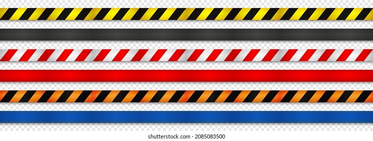 Realistic red, yellow, orange retractable caution belt. Crowd control strap barrier. Queue lines. Restriction border and danger tape.