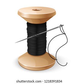 Realistic reel with black thread. Spool and needle. Tools for sewing and repairing clothes handmade. EPS10 vector illustration isolated on white background.