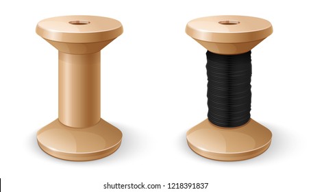 Realistic reel empty and with black threads. Tools for sewing and repairing clothes handmade. EPS10 vector illustration isolated on white background.