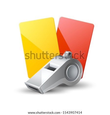 Realistic referee whistle and yellow and red cards for soccer championship design. Vector sport judgement equipment. American football, basketball and soccer competition symbol.
