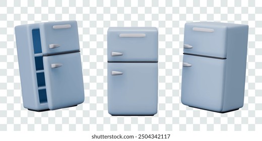 Refrigerador realista en diferentes posiciones. Aparatos eléctricos domésticos