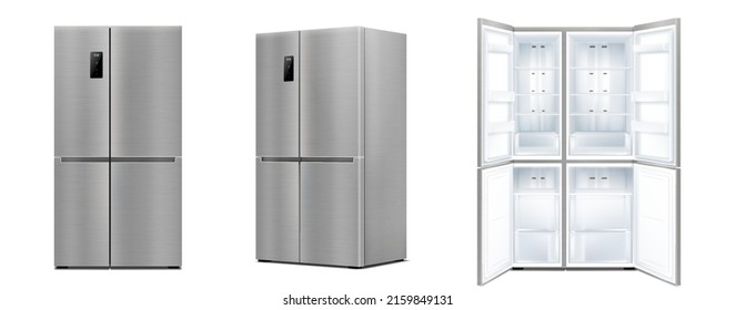 Realistic refrigerator with double doors set. Modern two chambered fridge appliance for food storage with open and close door. Chrome kitchen coolers isolated. 3d vector illustration