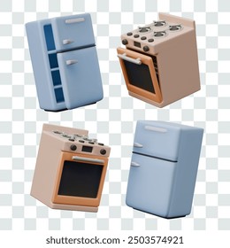 Realistic refrigerator and gas stove with oven. Kitchen appliances with open and closed doors