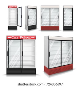 Realistic Refrigerator Set Vector. Cooling Drinks. Fridge Freezer With Transparent Glass. Isolated Illustration