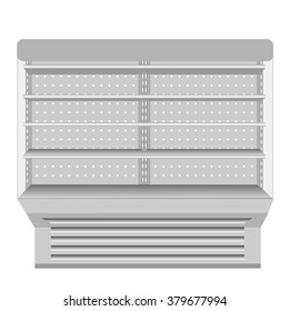 Realistic refrigerator for supermarket with shelves. Mock-up ready for your design. Vector illustration