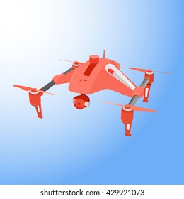 Realistic remote air drone quad-copter with camera. Blue sky wallpaper. Abstract. Vector illustration.