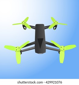 Realistic remote air drone quad-copter with camera. Blue sky wallpaper. Abstract. Vector illustration.