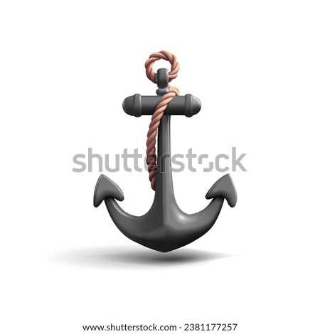 Realistic render black 3d sailing anchor with beige rope, cartoon style render illustration, sailing symbol