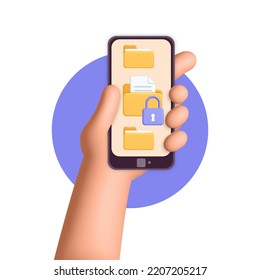 La mano de un hombre de representación realista sostiene un smartphone con carpeta de archivos amarillos con el concepto de diseño de iconos de vidrio de búsqueda. Ilustración de la idea de almacenamiento de archivos vectoriales y administración de datos de documentos. buscando archivo.