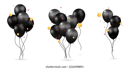 Realistic render set of 3d vector black bunch of air balloons for decoration holiday, wedding, greeting card. Digital promotion and ad Black Friday and birthday, celebration festive.  Discount sale