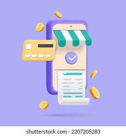 Realistic render shopping online bill payment with credit card on mobile app with smartphone mockup illustration. 3d vector Business finance and security money transaction system concept