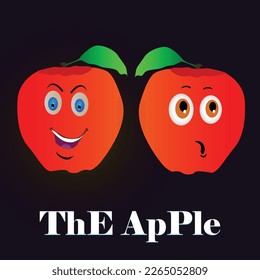 Realistic render vector of apple with cartoon face and green leaf isolated on a dark background, apple vector art for kids book design, food or fruit poster, apple factory, vector art illustration 8