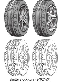 Realistic Rendered tires and tire outlines - vector illustration