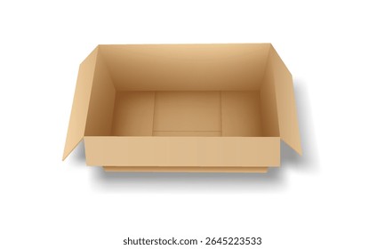 Realistic rendering of an open cardboard box seen from above, in neutral brown tones. Ideal for use in packaging concepts, moving illustrations, or storage visuals.