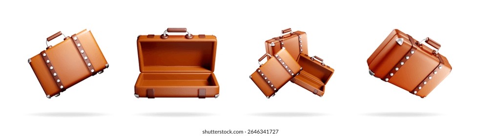 Realistic rendering of travel suitcase in various positions for a travel and vacation concept. Isolated 3d holiday journey element.