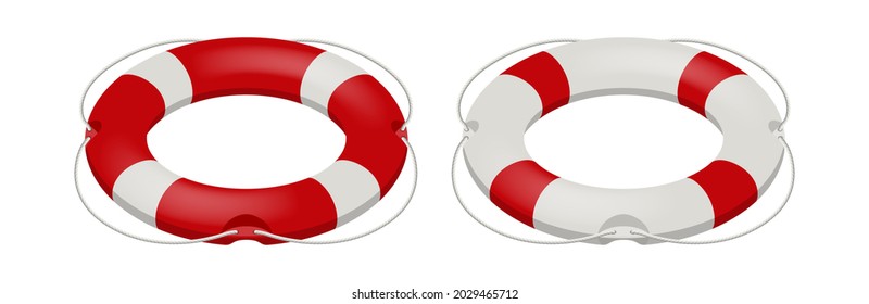 Realistic rescue life belt, marine lifebuoy water safety isolated on white background. Collection of realistic lifebuoy striped circle