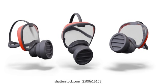 Realistic respirator with eye protection. Vector model, view from different sides