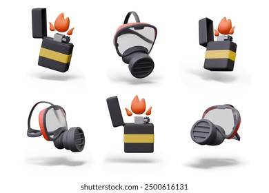 Realistic respirator with protective transparent shield, lighter with fire