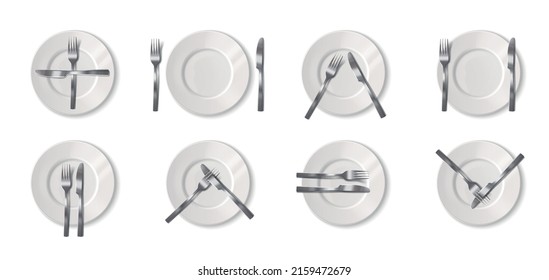 Realistic Restaurant Dining Etiquette Set With Various Positioning Of Cutlery On Plate Isolated Vector Illustration