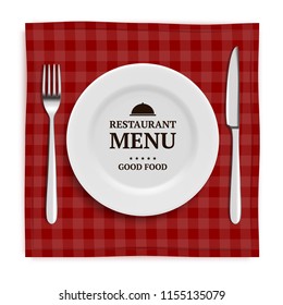 Realistic restaurant menu. Template menu with illustrations of tableware and cutlery knife and fork. Tableware plate for lunch, cutlery utensil. Vector illustration