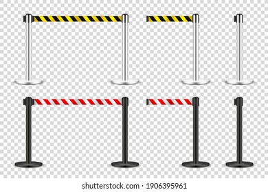 Realistic retractable belt stanchion on transparent background. Crowd control barrier posts with caution strap. Queue lines. Restriction border and danger tape. Vector illustration.