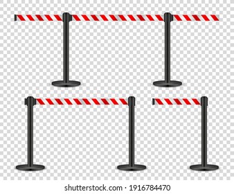 Realistic retractable belt stanchion on transparent background. Crowd control barrier posts with caution strap. Queue lines. Restriction border and danger tape. Vector illustration.
