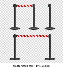 Realistic retractable belt stanchion on transparent background. Crowd control barrier posts with caution strap. Queue lines. Restriction border and danger tape. Vector illustration.