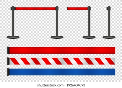 Realistic retractable belt stanchion on transparent background. Crowd control barrier posts with caution strap. Queue lines. Restriction border and danger tape. Vector illustration.