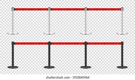 Realistic retractable belt stanchion on transparent background. Crowd control barrier posts with caution strap. Queue lines. Restriction border and danger tape. Vector illustration.