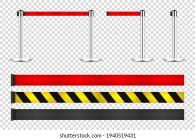Realistic retractable belt stanchion on transparent background. Crowd control barrier posts with caution strap. Queue lines. Restriction border and danger tape. Vector illustration.