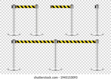 Realistic retractable belt stanchion on transparent background. Crowd control barrier posts with caution strap. Queue lines. Restriction border and danger tape. Vector illustration.