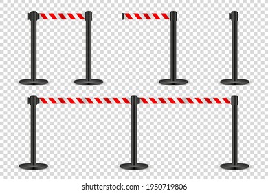 Realistic retractable belt stanchion on transparent background. Crowd control barrier posts with caution strap. Queue lines. Restriction border and danger tape. Vector illustration.