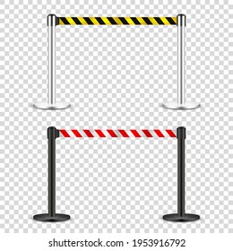 Realistic retractable belt stanchion on transparent background. Crowd control barrier posts with caution strap. Queue lines. Restriction border and danger tape. Vector illustration.