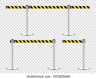 Realistic retractable belt stanchion on transparent background. Crowd control barrier posts with caution strap. Queue lines. Restriction border and danger tape. Vector illustration.