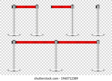 Realistic retractable belt stanchion on transparent background. Crowd control barrier posts with caution strap. Queue lines. Restriction border and danger tape. Vector illustration.