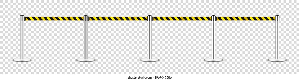 Realistic retractable belt stanchion on transparent background. Crowd control barrier posts with caution strap. Queue lines. Restriction border and danger tape. Vector illustration.