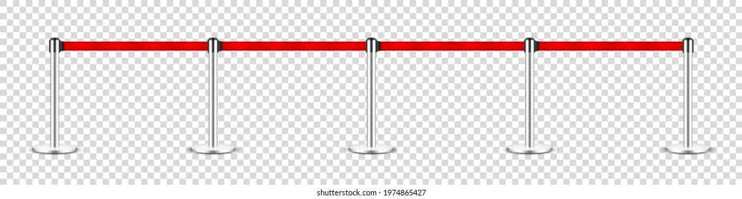 Realistic retractable belt stanchion on transparent background. Crowd control barrier posts with caution strap. Queue lines. Restriction border and danger tape. Vector illustration.