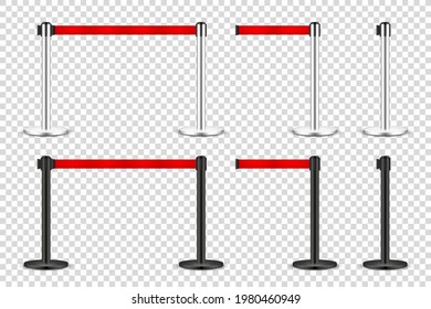 Realistic retractable belt stanchion on transparent background. Crowd control barrier posts with caution strap. Queue lines. Restriction border and danger tape. Vector illustration.