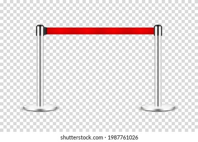Realistic retractable belt stanchion on transparent background. Crowd control barrier posts with caution strap. Queue lines. Restriction border and danger tape. Vector illustration.