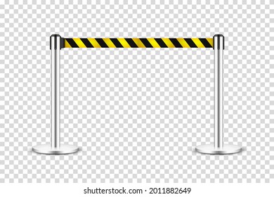 Realistic retractable belt stanchion on transparent background. Crowd control barrier posts with caution strap. Queue lines. Restriction border and danger tape. Vector illustration.