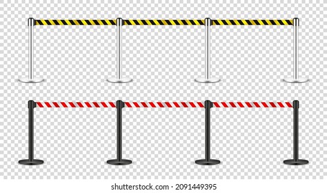 Realistic retractable belt stanchion on transparent background. Crowd control barrier posts with caution strap. Queue lines. Restriction border and danger tape. Vector illustration.