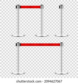Realistic retractable belt stanchion on transparent background. Crowd control barrier posts with caution strap. Queue lines. Restriction border and danger tape. Vector illustration.