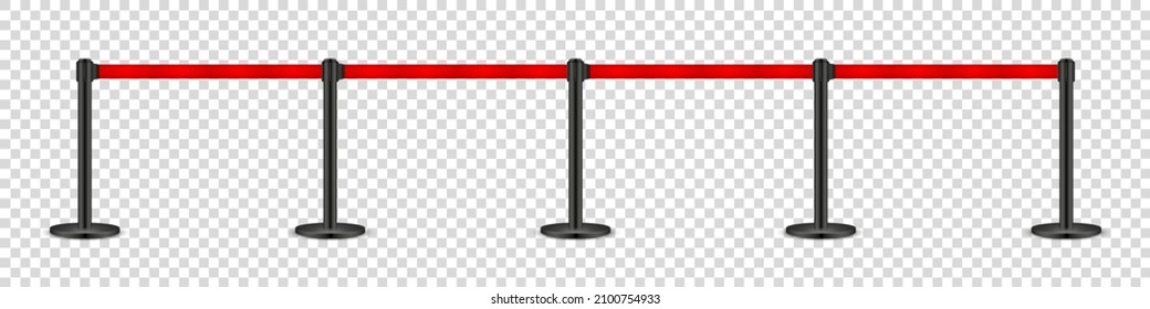 Realistic retractable belt stanchion on transparent background. Crowd control barrier posts with caution strap. Queue lines. Restriction border and danger tape. Vector illustration.