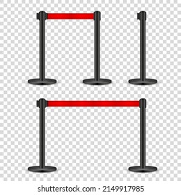Realistic retractable belt stanchion on transparent background. Crowd control barrier posts with caution strap. Queue lines. Restriction border and danger tape. Vector illustration.