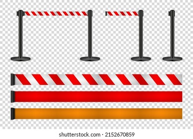 Realistic retractable belt stanchion on transparent background. Crowd control barrier posts with caution strap. Queue lines. Restriction border and danger tape. Vector illustration.