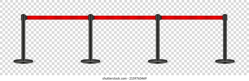 Realistic retractable belt stanchion on transparent background. Crowd control barrier posts with caution strap. Queue lines. Restriction border and danger tape. Vector illustration.