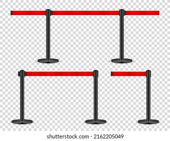 Realistic retractable belt stanchion on transparent background. Crowd control barrier posts with caution strap. Queue lines. Restriction border and danger tape. Vector illustration.