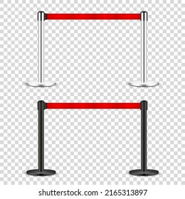 Realistic retractable belt stanchion on transparent background. Crowd control barrier posts with caution strap. Queue lines. Restriction border and danger tape. Vector illustration.