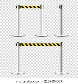 Realistic retractable belt stanchion on transparent background. Crowd control barrier posts with caution strap. Queue lines. Restriction border and danger tape. Vector illustration.